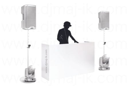 White Setup - Wireless Microphone - DJ Mixing Equipment - Premium Speaker Stand - Small PA Speaker System - Moving Head Lighting Premium DJ Booth