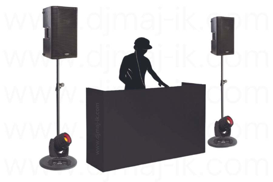 Black Setup - Wireless Microphone - DJ Mixing Equipment - Premium Speaker Stand - Small PA Speaker System - Moving Head Lighting Premium DJ Booth