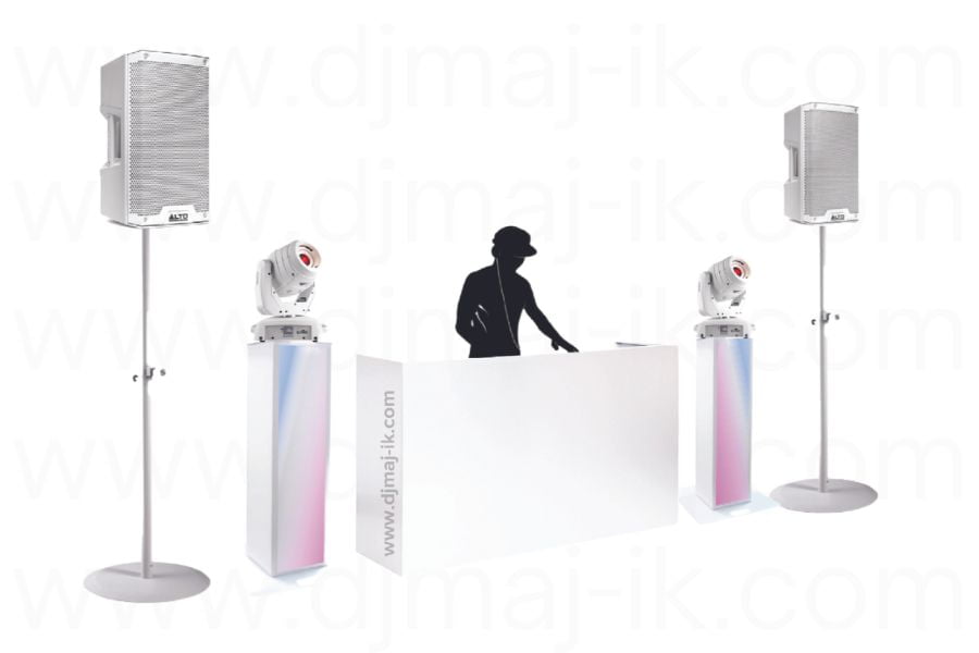 White Setup - Wireless Microphone - Premium Speaker Stand - DJ Mixing Equipment - Small PA Speaker System - Moving Head Lightning Truss Podium Plinths - Premium DJ Booth