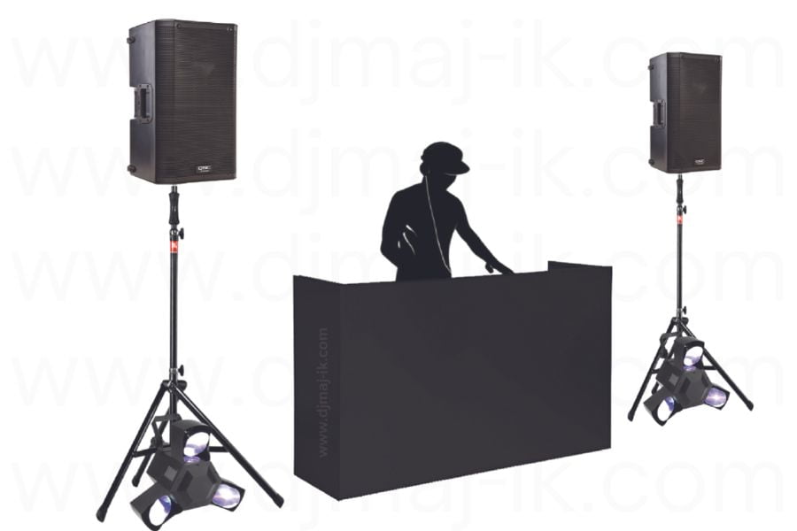 Wireless Microphone -DJ Mixing Equipment -Basic Speaker Stand -Small PA Speaker System - Dance - Floor Lighting - Premium Black DJ Booth